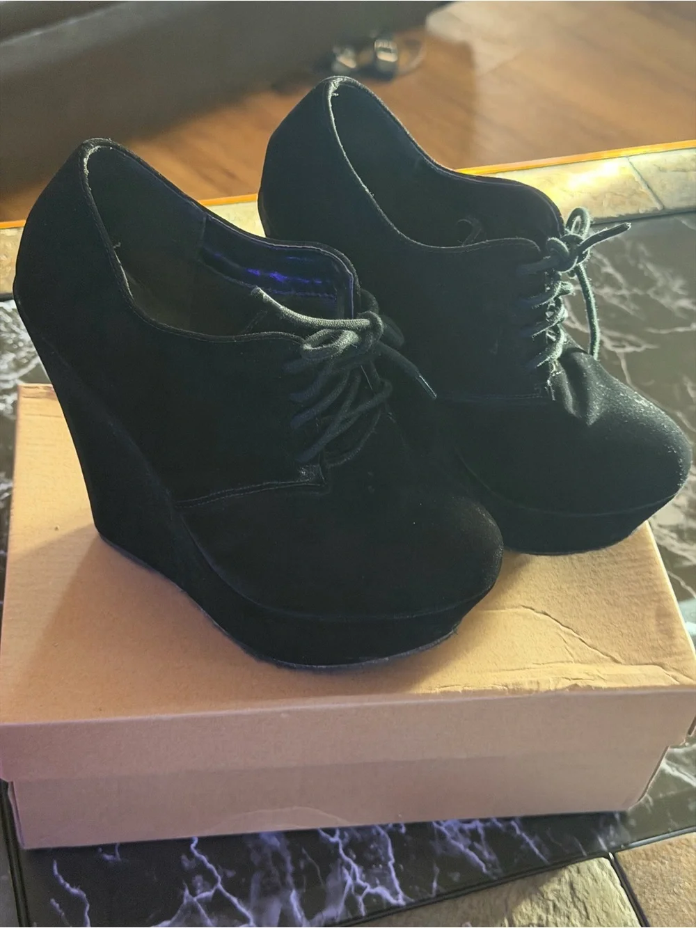 Women’s Black Suede Wedge Lace-Up Shoes